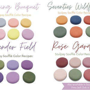 May include: Four color palettes for polymer clay, each with six color swatches. The palettes are titled "Spring Bouquet", "Seventies Wildflower", "Lavender Field", and "Rose Garden".