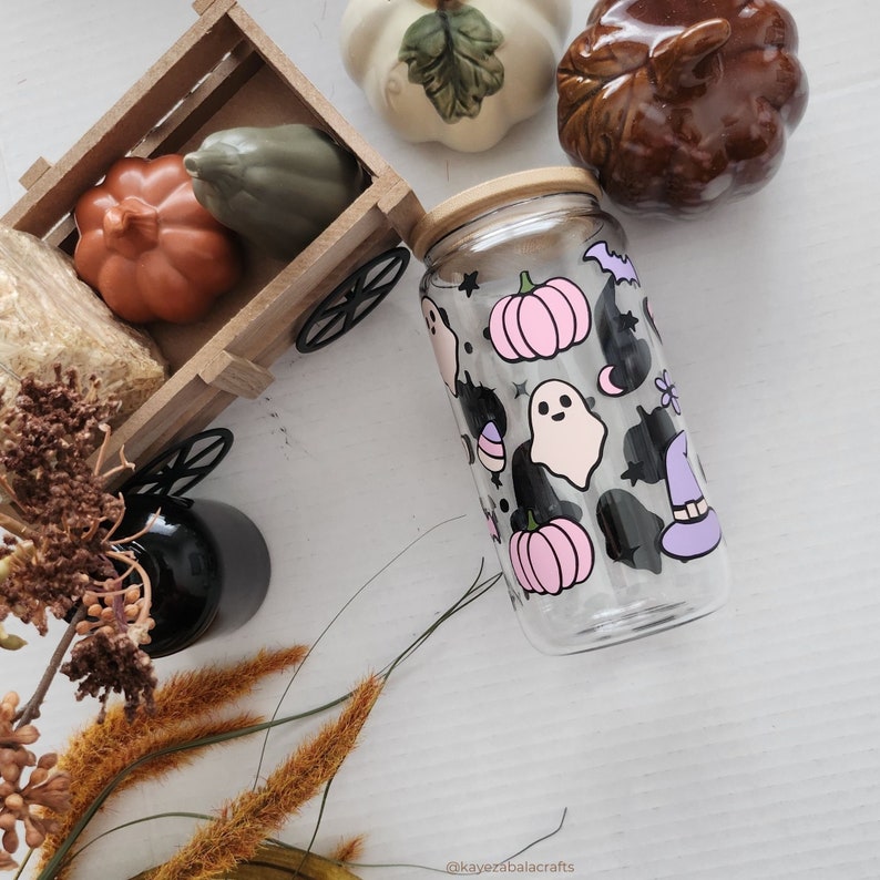 Cute Halloween Girl Ghost Glass Can for Cold Drinks 16oz Glass With Lid and Straw Halloween