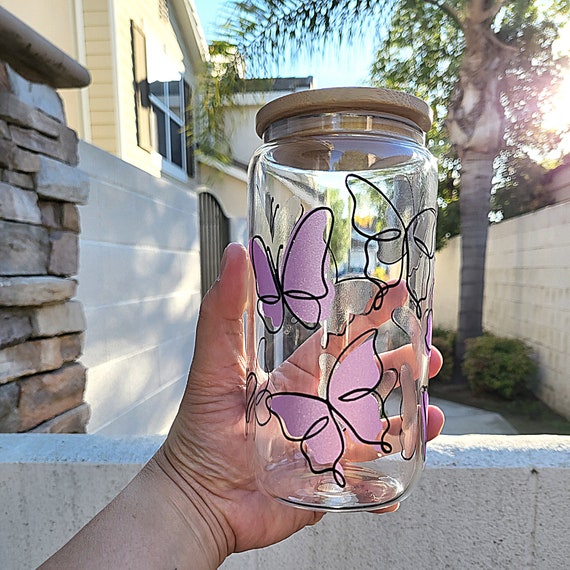 BUTTERFLY glass can cup with bamboo lid & straw | beer glass can cup | iced  coffee glass can cup | soda can glass cup