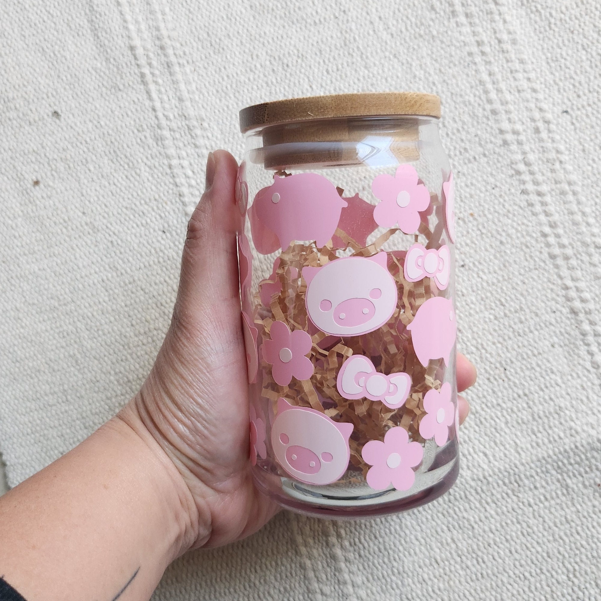 Pink Pigs Libbey Glass Cups Iced Coffee Glass Cup With Bamboo Lid and