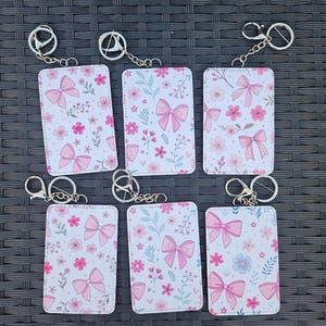 Llavero con billetera y lazo rosa, tarjetero con 2 ranuras, tarjetero de identificación con doble ranura, tarjetero compacto para el trabajo y los viajes