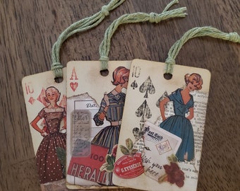 Vintage playing card bookmarks, vintage inspired models, handmade bookmarks, altered playing cards, collage art