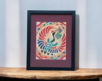 Framed Japanese Crane Obi Textile Art – Vintage Silk Artwork, 11×14 Wall Decor