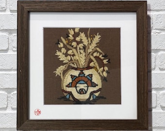 Framed Crewel Embroidery Folk Art – Vintage Needlework Textile Wall Hanging, 8×8