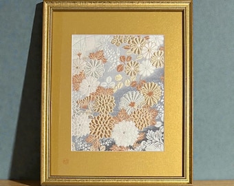 Japanese Obi Textile Artwork, Hand Framed Wall Hanging, Vintage Fabric, Neutral Home Decor