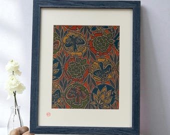Framed Vintage Textile Wall Art – Birds & Blooms, 11×14 Botanical Fabric Decor