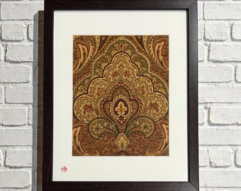 Framed Textile Artwork with Ornate Motif,  Fabric Wall Hanging, Signature Art