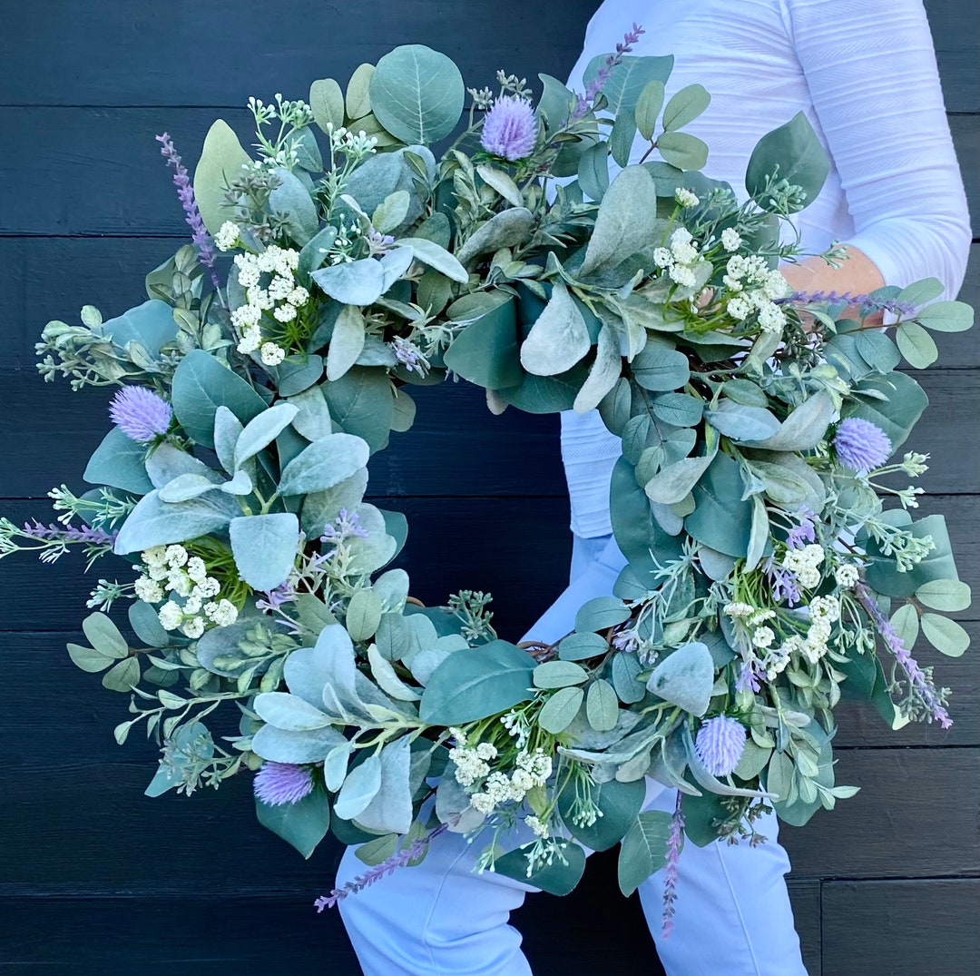 Spring Lavender Greenery Wreath, Front Door Lamb’s Ear and Eucalyptus ...