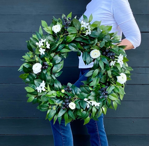 Navy and White Spring Wreath for Front Door, Summer Blueberry