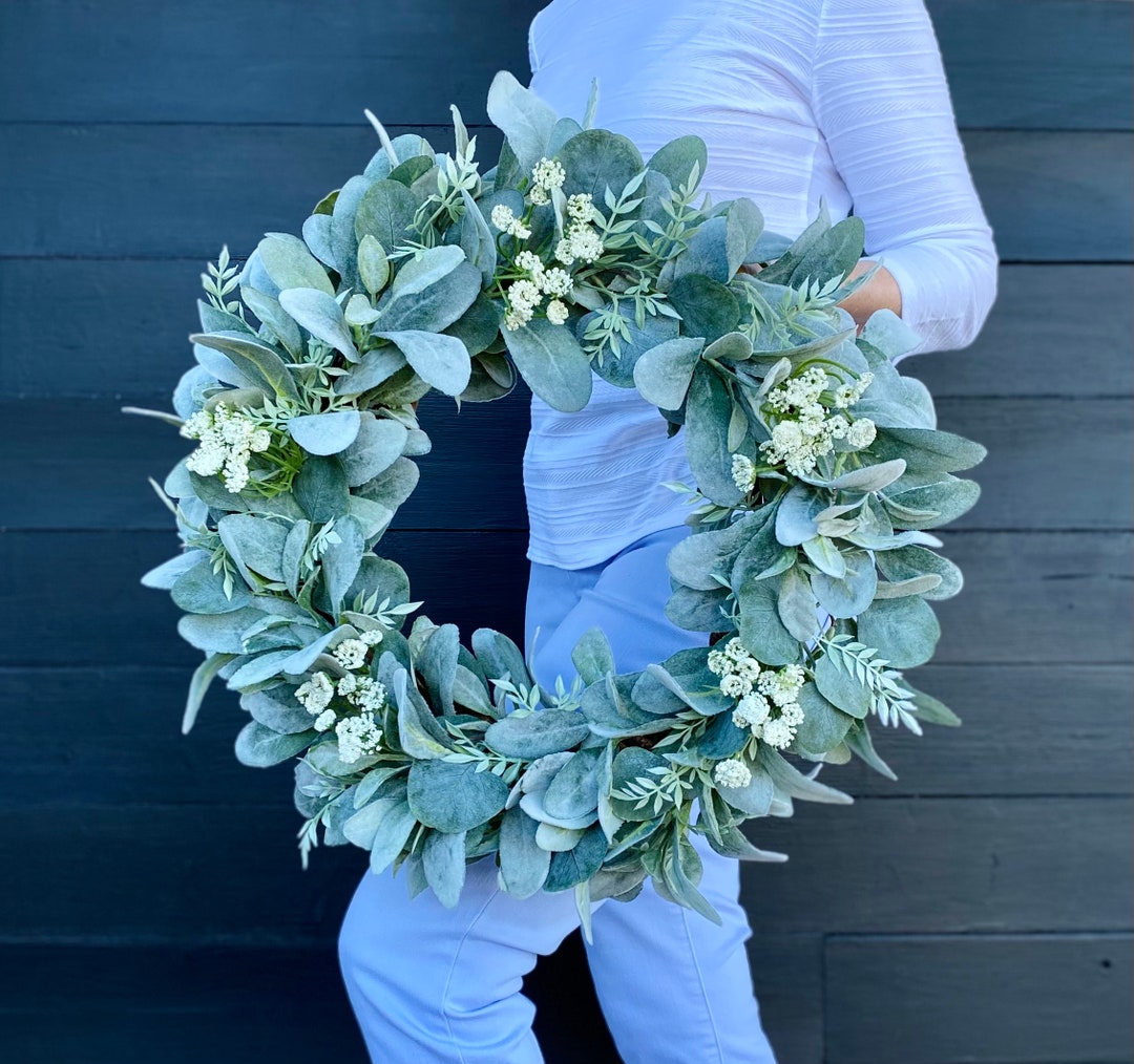 Year Round Lamb’s Ear and Eucalyptus Wreath With White Flowers, Front ...