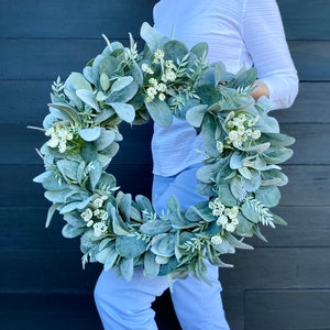 Year Round Lamb’s Ear and Eucalyptus Wreath with White Flowers, Front Door Farmhouse Wreath, Every Day Greenery Wreath, Double Door Wreath