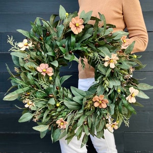 Everyday Neutral Wildflower Wreath, Modern Farmhouse Wall Decor, Summer Fall Olive and Eucalyptus Wreath with Tan and Terra Cotta Cosmos