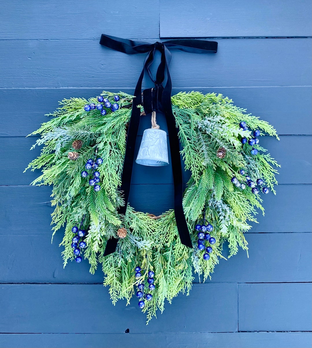 faux-evergreen-holiday-wreath-with-velvet-bow-rustic-silver-etsy