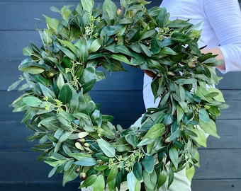 Year Round Greenery Wreath for Front Door, Modern Farmhouse Wall Decor, Everyday Olive Branch and Seeded Eucalyptus Wreath