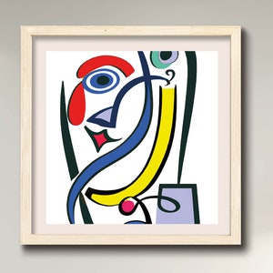 May include: Abstract art print featuring a colorful, stylized face with a blue eye, red lips, and yellow and blue lines. The background is white.