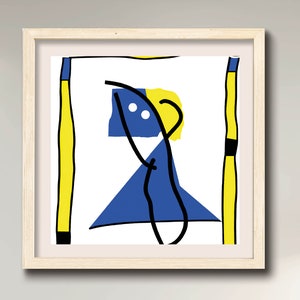 May include: Abstract art print featuring a blue and yellow figure with white dots against a white background. The figure is framed by yellow and black lines.