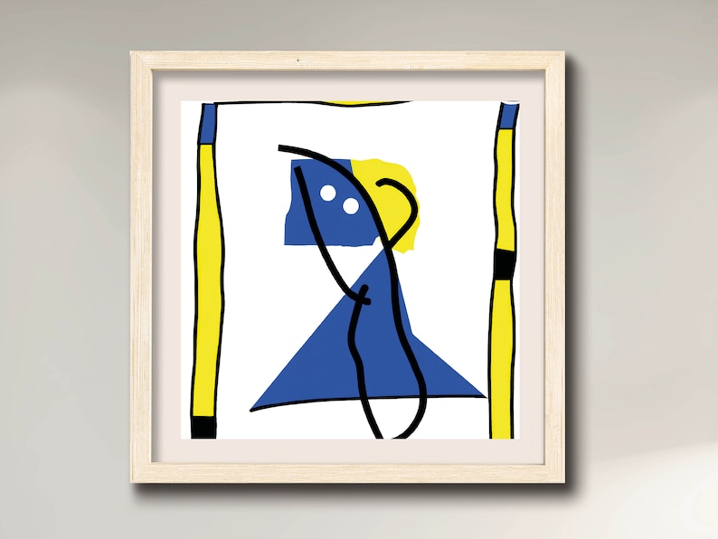 May include: Abstract art print featuring a blue and yellow figure with white dots against a white background. The figure is framed by yellow and black lines.