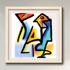 May include: Abstract art print featuring a colorful geometric design with blue, orange, yellow, and red shapes. The print is framed in a light wood frame.