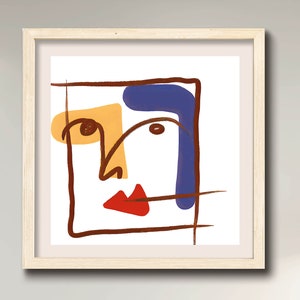 May include: Abstract art print featuring a stylized face with brown, yellow, blue, and red lines and shapes. The face is framed in a brown square.