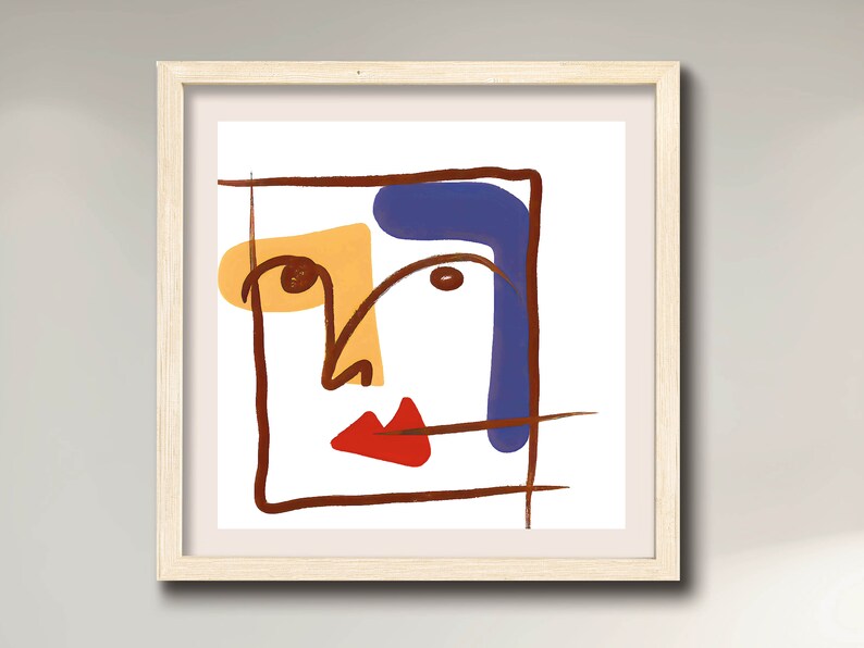 May include: Abstract art print featuring a stylized face with brown, yellow, blue, and red lines and shapes. The face is framed in a brown square.
