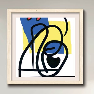 May include: Abstract art print with a black line drawing on a white background. The drawing features a series of loops and curves. The background includes a yellow, blue, and red geometric shape.