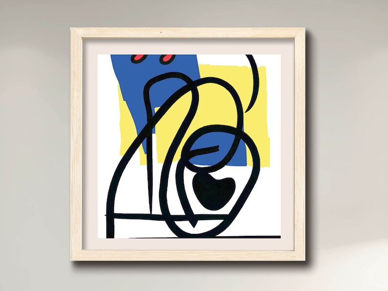 May include: Abstract art print with a black line drawing on a white background. The drawing features a series of loops and curves. The background includes a yellow, blue, and red geometric shape.