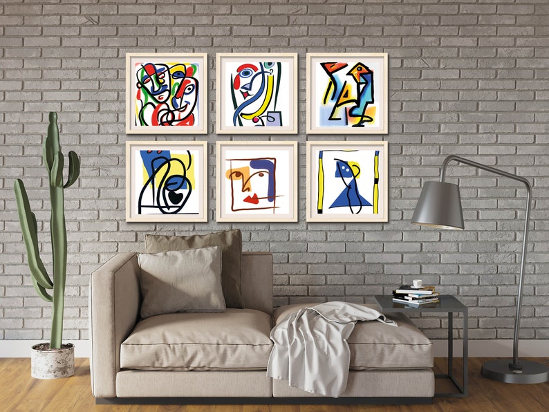 May include: Six framed abstract art prints with colorful geometric shapes and lines. The prints are arranged in a grid pattern on a brick wall.