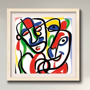 May include: Abstract painting of two faces with bold black outlines and bright colors, including red, blue, green, and yellow.