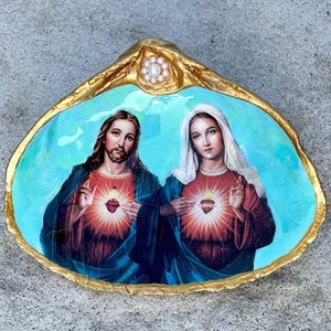 Sacred Heart of Jesus & Immaculate Mary Seashell: Rosary Holder, Religious Altar Decor