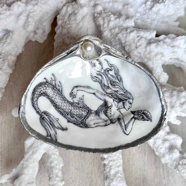 Vintage Mermaid, Decoupage Seashell, Fantasy Mermaid, Ring Dish, Mermaid Gift, Coastal Decor, Silver Mermaid, Adult Mermaid