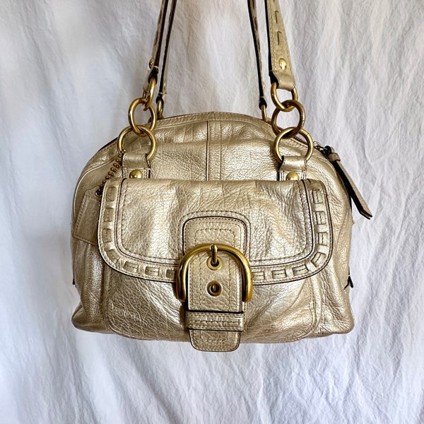 Gold Leather Handbag, Coach Bag, Large Shoulder Bag With Zipper Pocket, Gold Genuine Leather