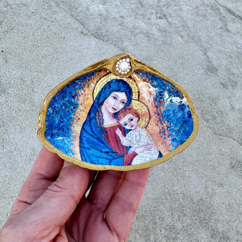 Virgin Mary Shell Madonna and Child Shell Rosary Dish: Virgin Mary, Christian Mother's ...