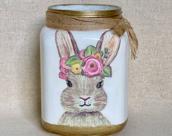 Decoupage Glass Jar, Bunny With Flowers, Country Cottage Decor, Small Vase