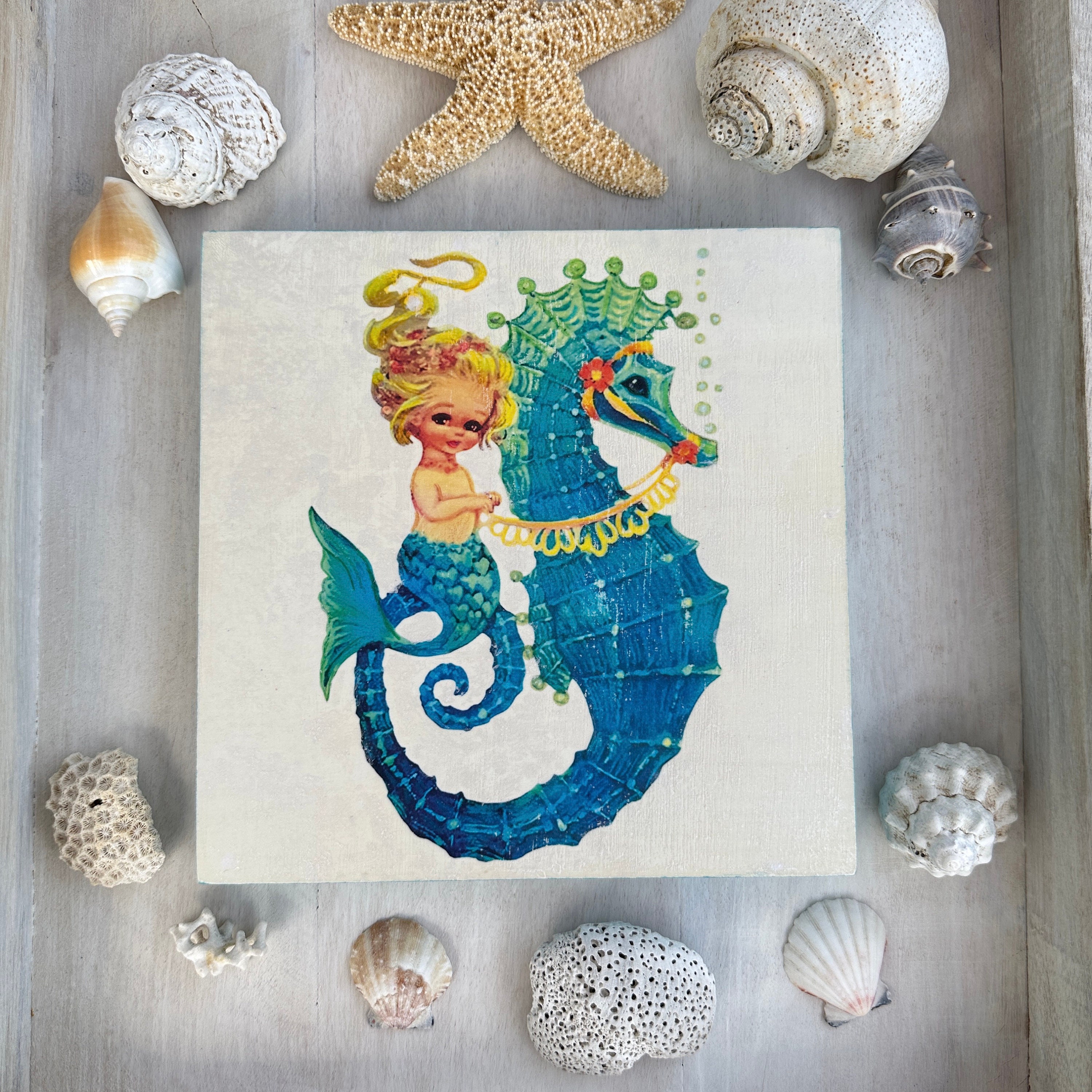 Vintage Mermaid Wall Art, Baby Mermaid, Coastal Wall Decor, Mermaid