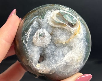Moss Agate Sphere | Druzy Moss Agate Crystal Sphere | Druzy Green Moss Agate Sphere | Colorful Agate Crystal