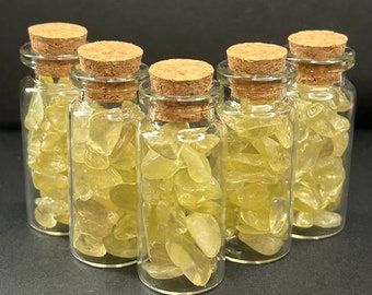 Quartz Crystal Bottle | Yellow Quartz Crystal Tumbled Chips in Glass Bottle | Lemon Quartz Crystal Gravel