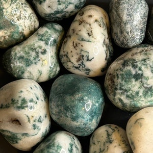 May include: Close-up of a collection of polished moss agate stones. The stones have a smooth, rounded shape and a mix of white and translucent base colors with green, moss-like inclusions. The stones vary in size and shape.