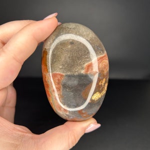May include: A smooth, polished, oval-shaped stone with a mix of brown, red, white, and gold colors. The stone has a unique pattern of swirls and lines.