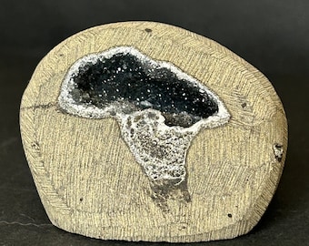 Chalcedony Geode Cut Base | Black or Dark Blue Chalcedony Open Geode with Tunnel