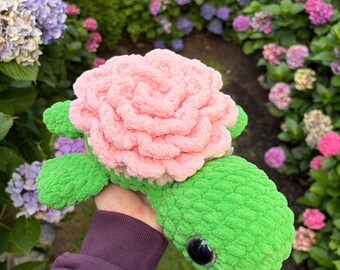 Crochet Flower Turtle Plush Toy, Handmade Animal with Customizable Shell