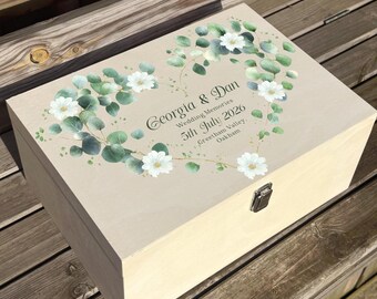 Personalized Wedding Keepsake Box - Custom Printed Wooden Memory Box Gift for Couple, Bride & Groom, Engagement or Anniversary - Heart