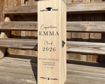 Personalized Graduation Gift Wooden Bottle Box, Custom University Graduation Wine Box, Class of 2026 Keepsake Gift for Him or Her UK