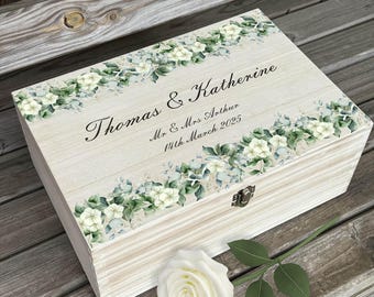 Personalized Wedding Keepsake Box - Custom Printed Wooden Memory Box Gift for Couple, Bride & Groom, Engagement or Anniversary - Floral