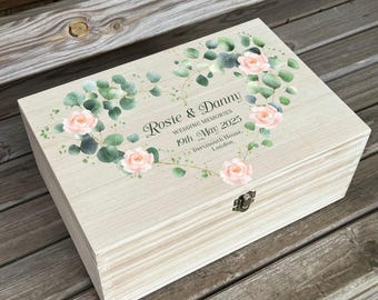 Personalized Wedding Keepsake Box - Custom Printed Wooden Memory Box Gift for Couple, Bride & Groom, Engagement or Anniversary - Peach