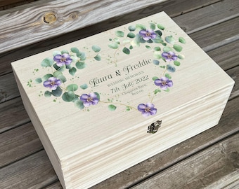 Personalized Wedding Keepsake Box - Custom Printed Wooden Memory Box Gift for Couple, Bride & Groom, Engagement or Anniversary - Purple