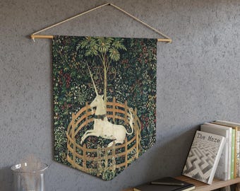Medieval Unicorn Tapestry Pennant | Vintage Hunt Scene Wall Banner