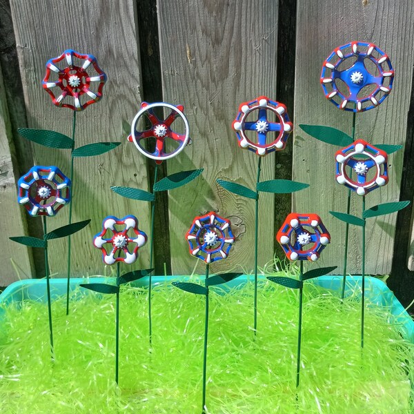 Yard Art, Upcycled Faucet Handle Flower, Red, White and Blue, 4th of July, Lawn Decor