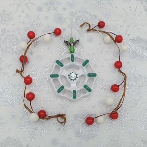 Handmade Christmas Ornament, Large White & Green Snowflake with Glass Angel, Upcycled Faucet Handles, Holiday Decor