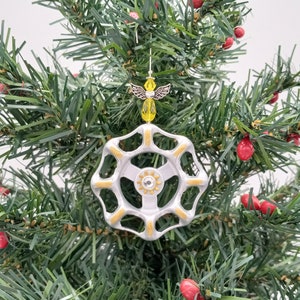 Handmade Christmas Ornament, Large Silver & Gold Snowflake with Glass Angel, Upcycled Faucet Handles, Holiday Decor