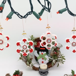 Handmade Christmas Ornaments, with Angels, White & Red 4 pc Set, Upcycled Faucet Handles, Holiday Decor